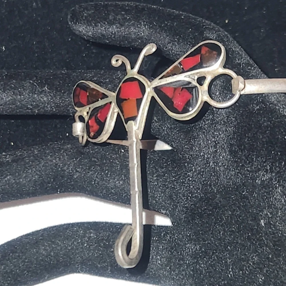 Vintage Dragonfly Inlay Cuff Bracelet Red Black‎ Mosaic Silver Tone Artisan Boho
